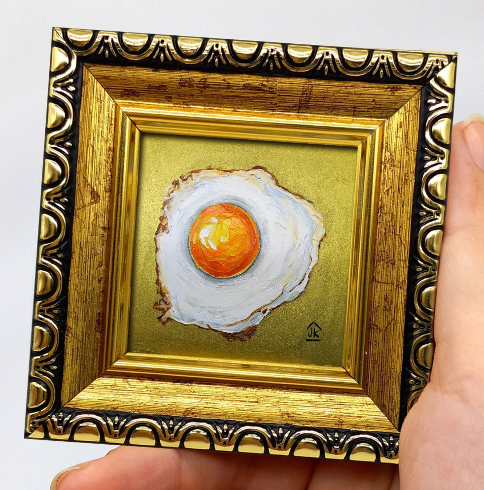 Fried Egg Handmade Framed Tiny Oil Painting Breakfast Kitchen Wall Art