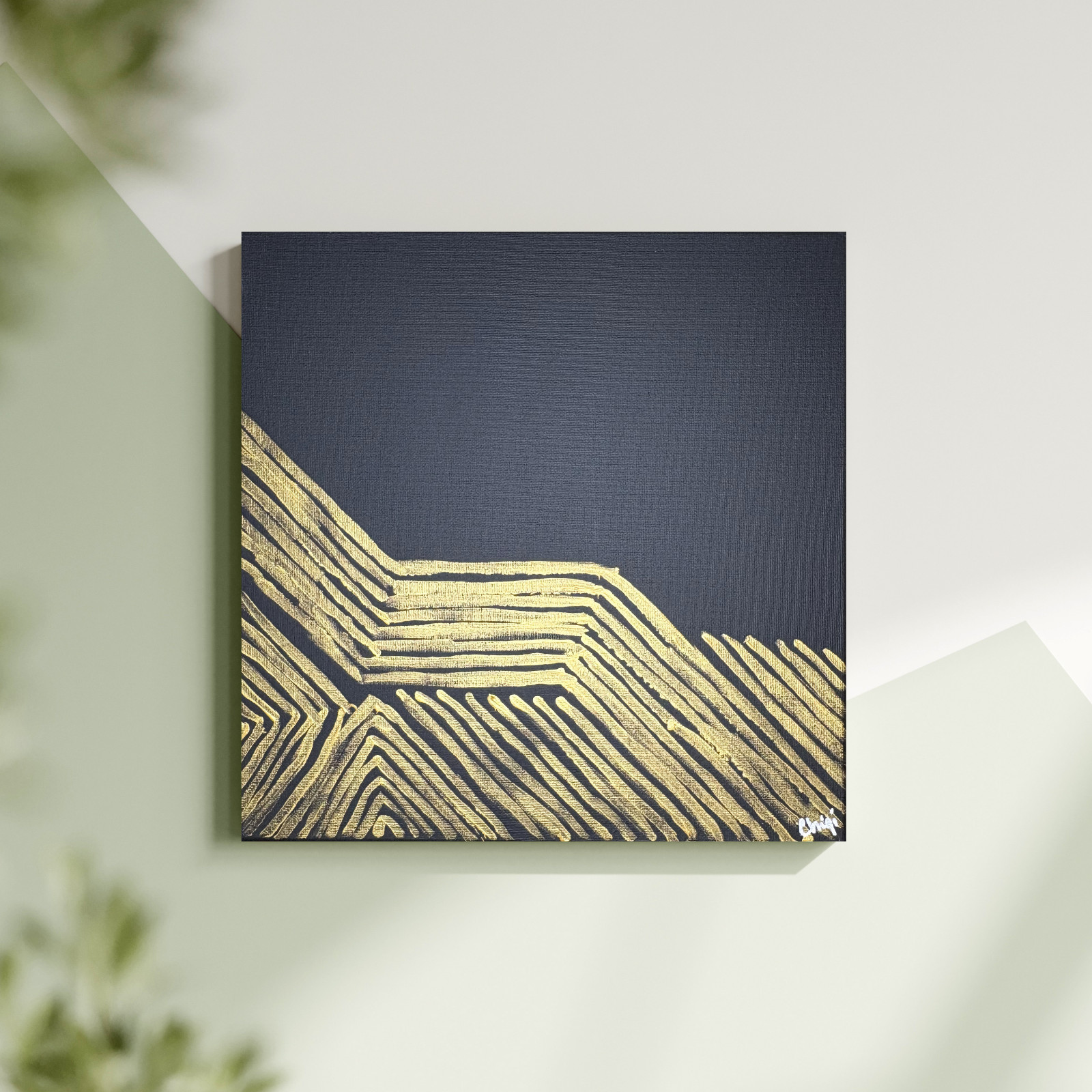 Geometric Line Abstraction 12×12 Gold & Black Hand Painted Canvas