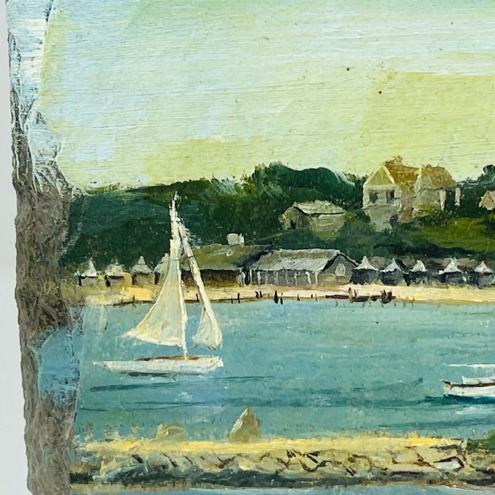 1982 Vineyard Harbor View Painting On Slate Martha’s Vineyard Signed Beth Boats