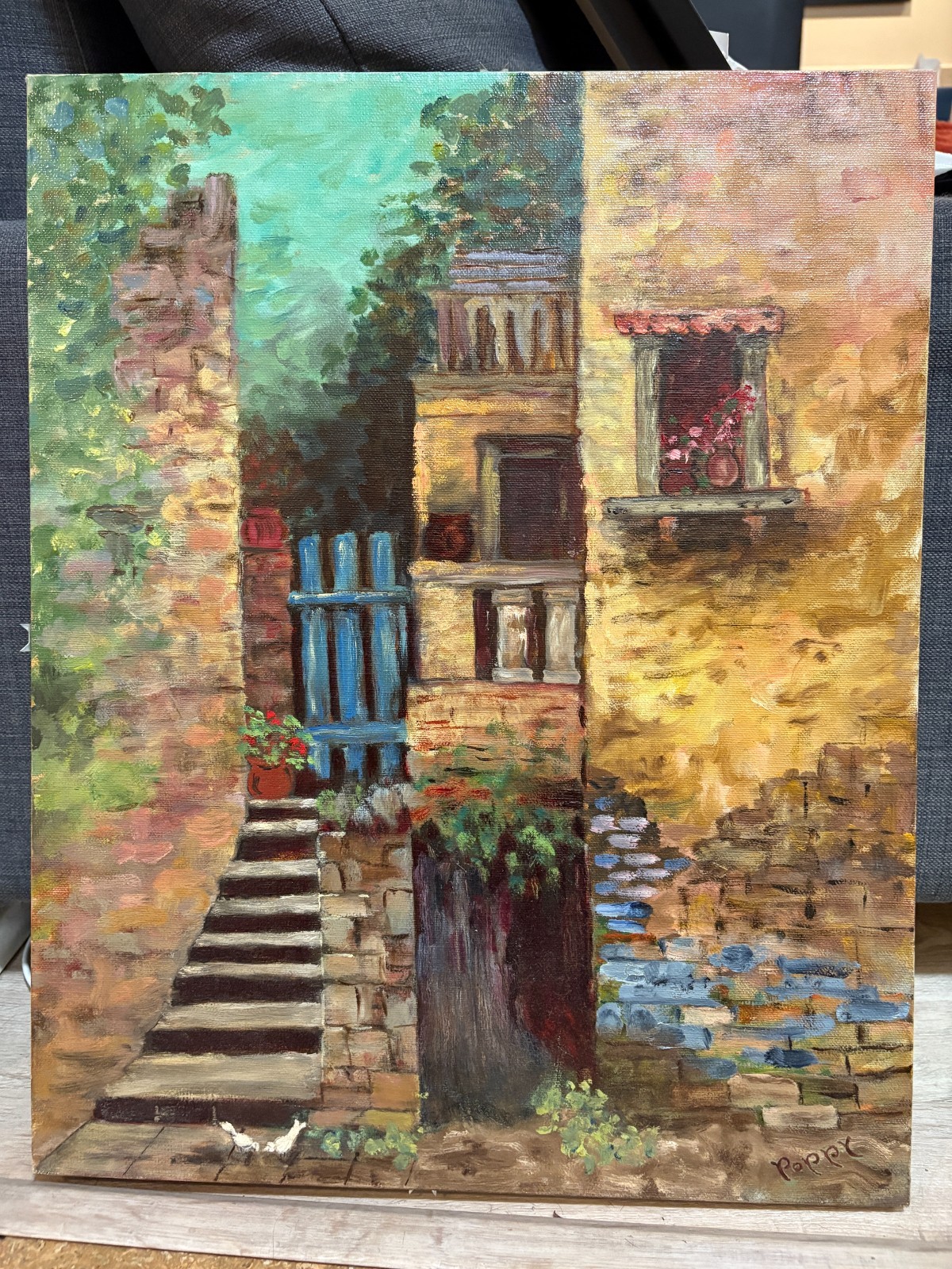 VNTG Original Oil Canvas Painting Signed 1979 Unframed Stone Brick House 16×20″