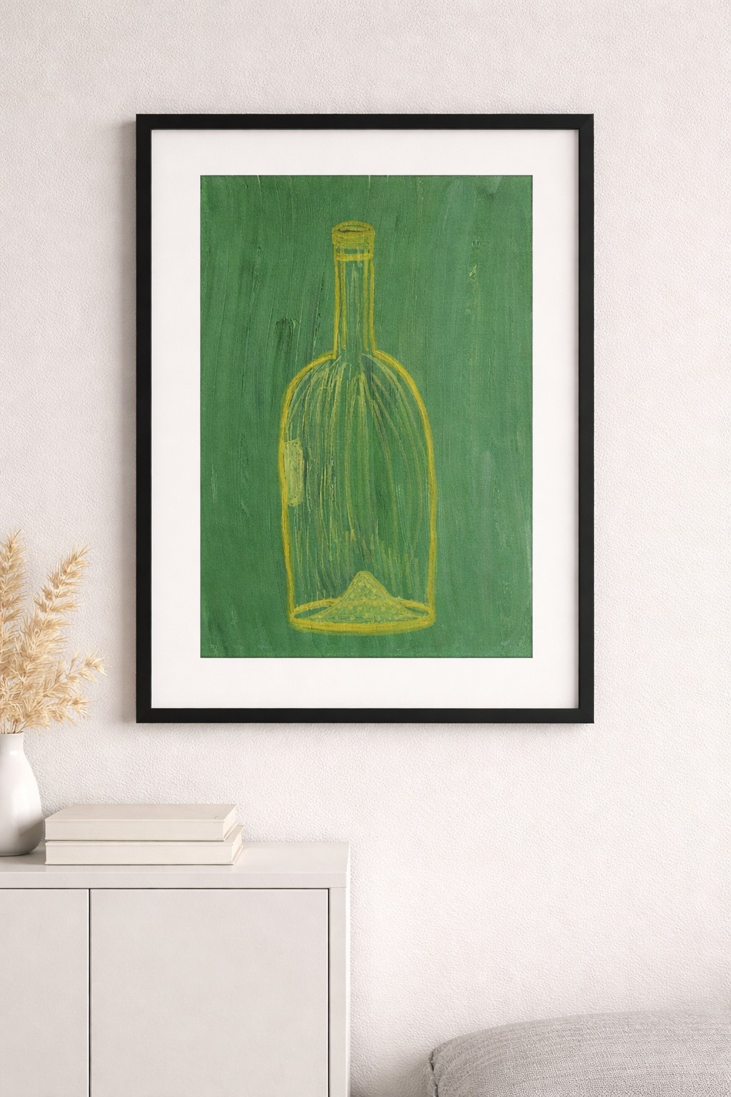 Modern Bottle Still Life Painting Green Yellow Acrylic Art Minimalist Wall