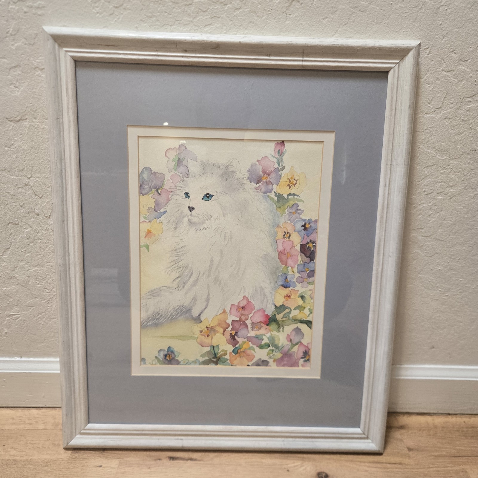 Vintage Persian Cat Floral Watercolor Painting ALICE BAKER Framed 22×18″