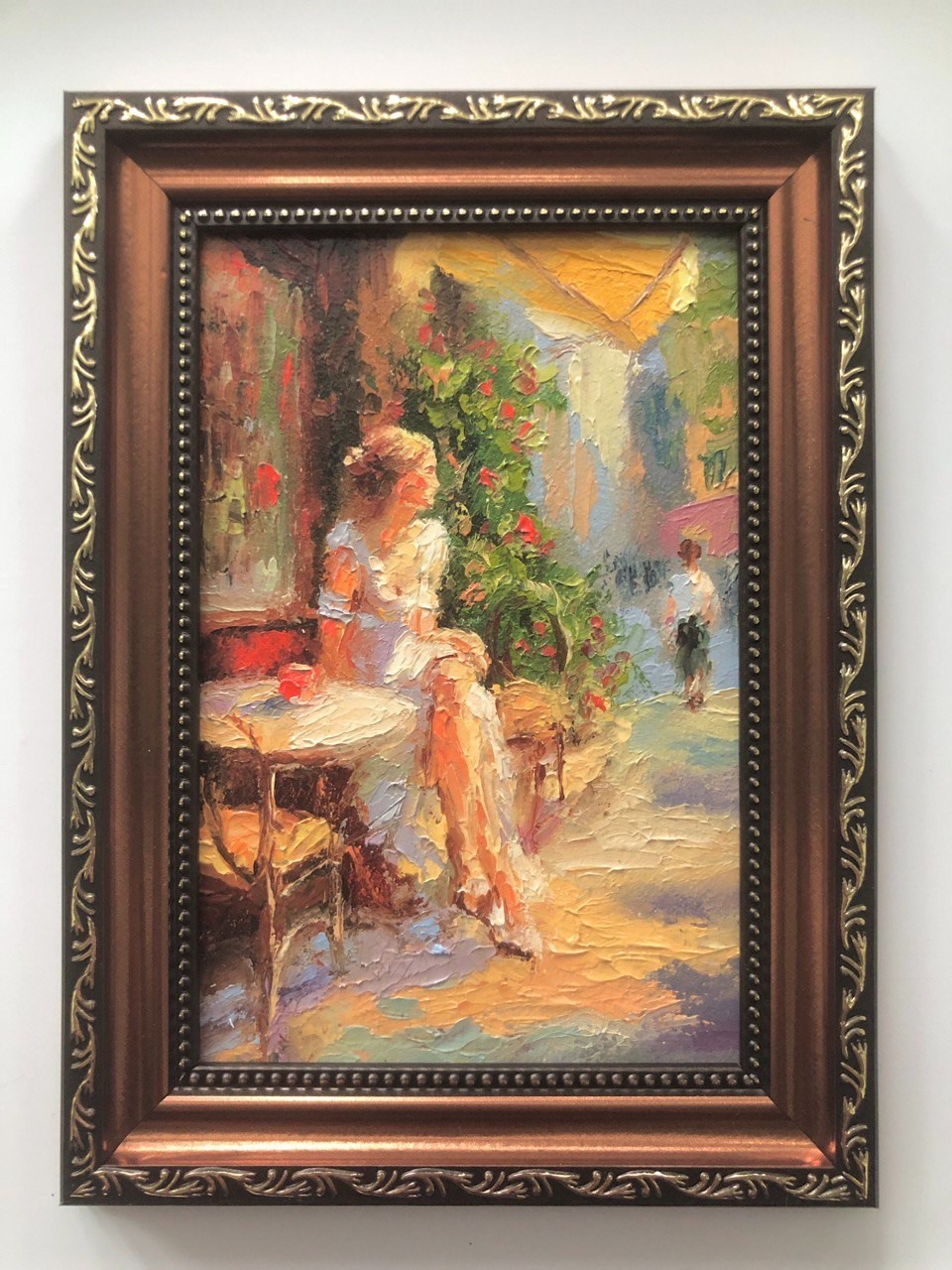 Original Oil Painting in Frame Girl at the Table Summer Day 6х4in signed