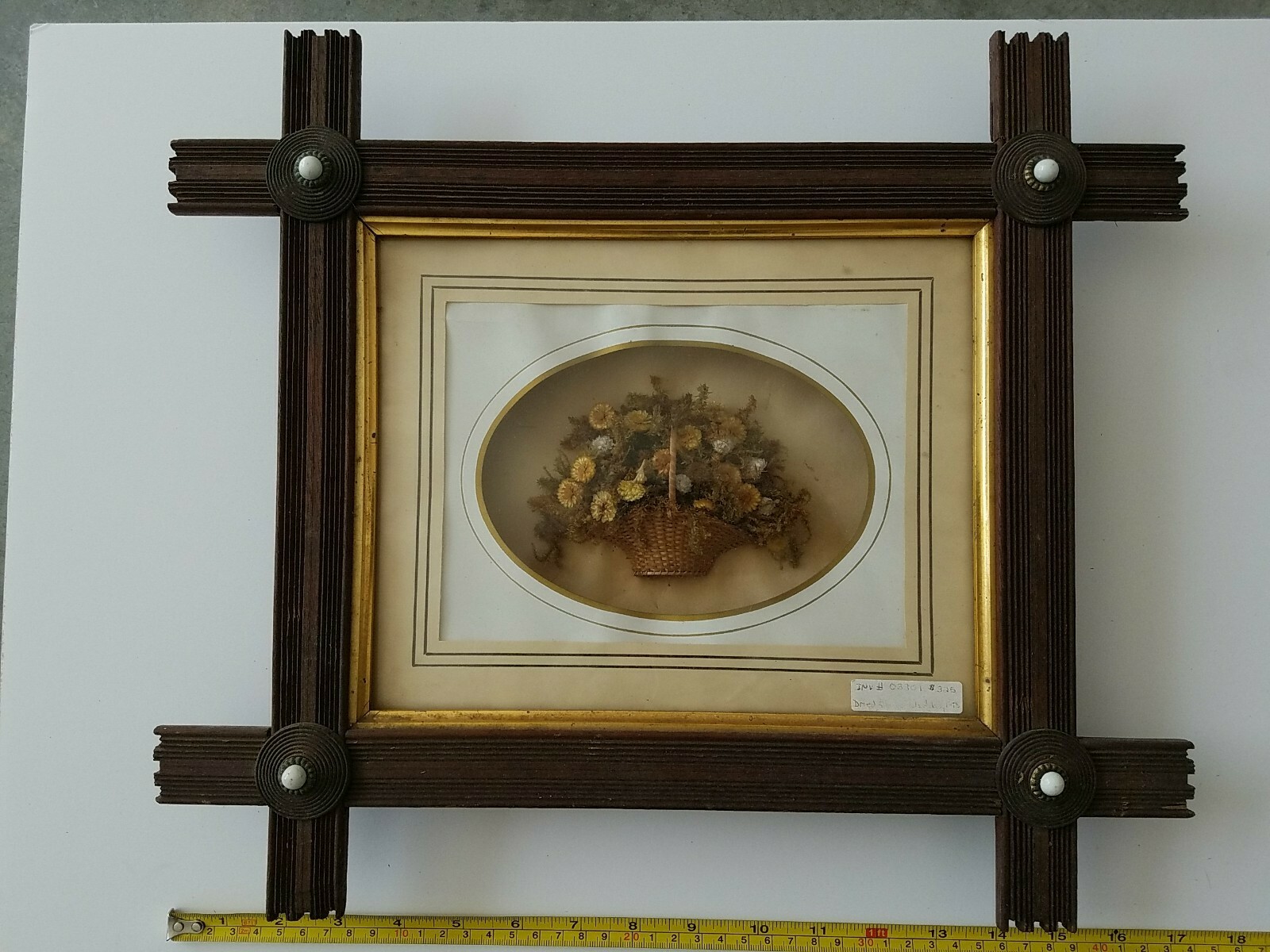 19TH CENTURY antique folk art diorama box painting still life basket of flowers