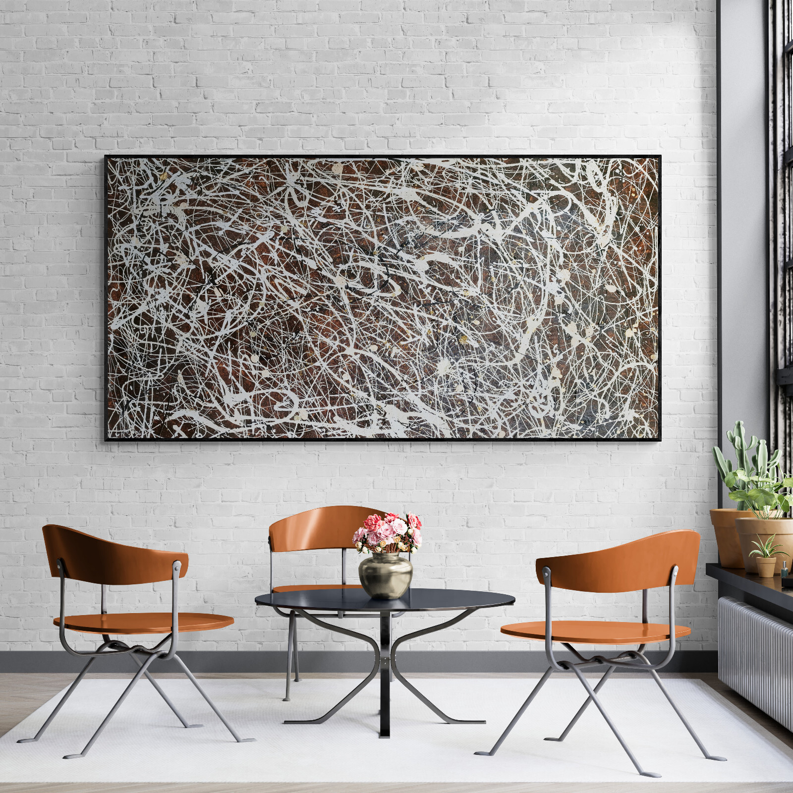 XXL Jackson Pollock Style Brown Abstract Art Textured Painting 59×30 in