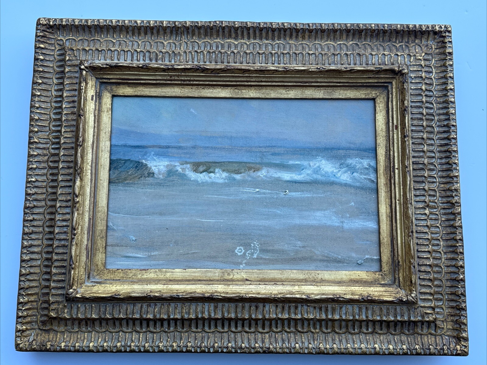ANTIQUE COASTAL PAINTING BEACH WAVES 1920’S ESTATE STAMPED SIGNATURE MYSTERY SEA