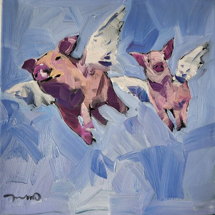 Jose Trujillo Original Oil Painting – When Pigs Can Fly 14×14 Oil on Canvas