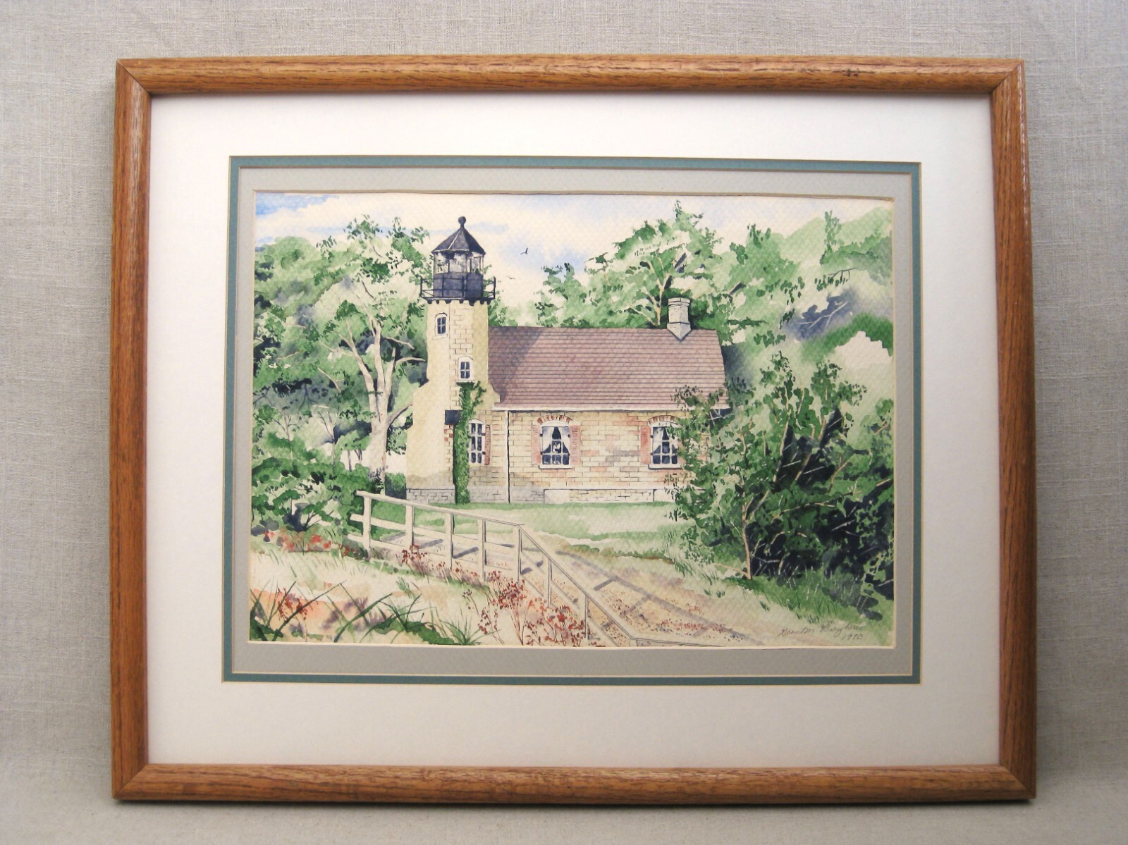 Vintage Coastal Lighthouse Watercolor Painting Framed Michigan Architecture
