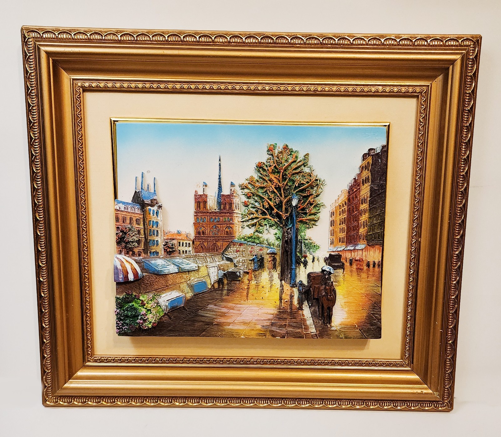 Vintage Hand Painted 3D Resin France Cityscape Wall Art 15″x13” Gilded Frame
