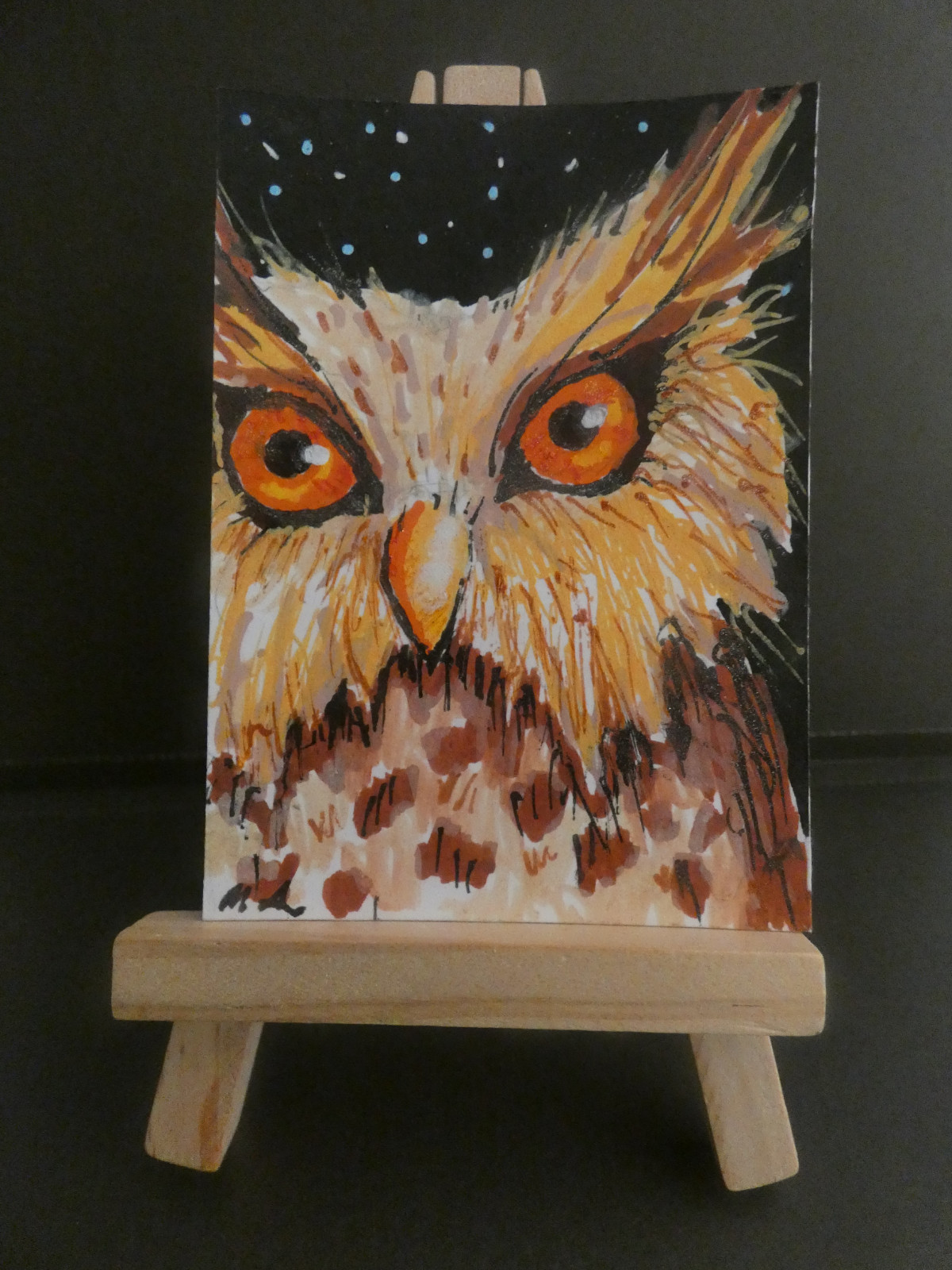 ACEO Original Painting of Owl Face and Stars Above