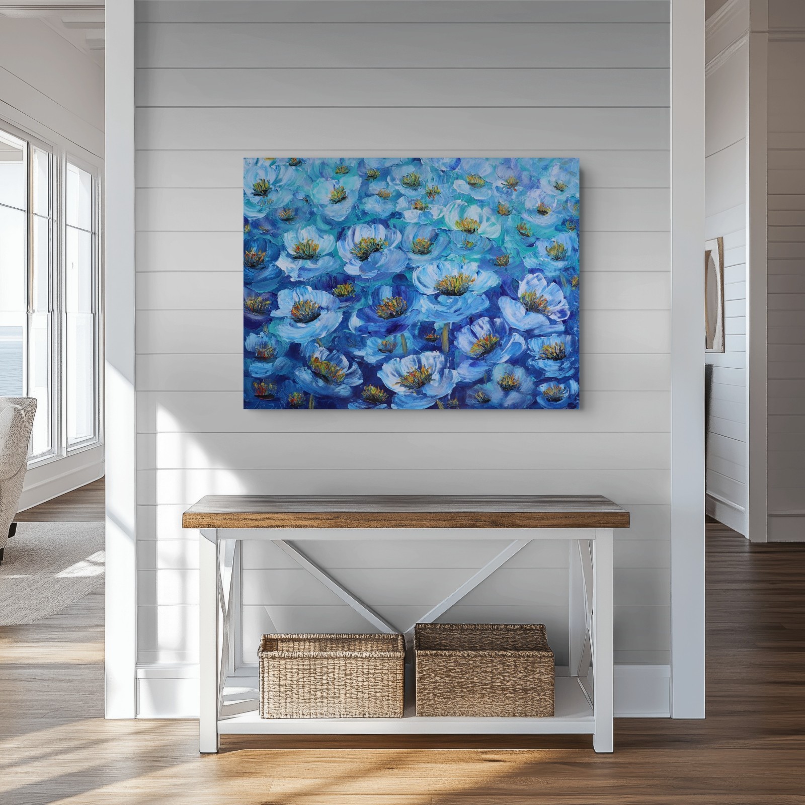 Original Blue Floral Painting 40×30 Textured Flower Wall Art Palette Knife Oil