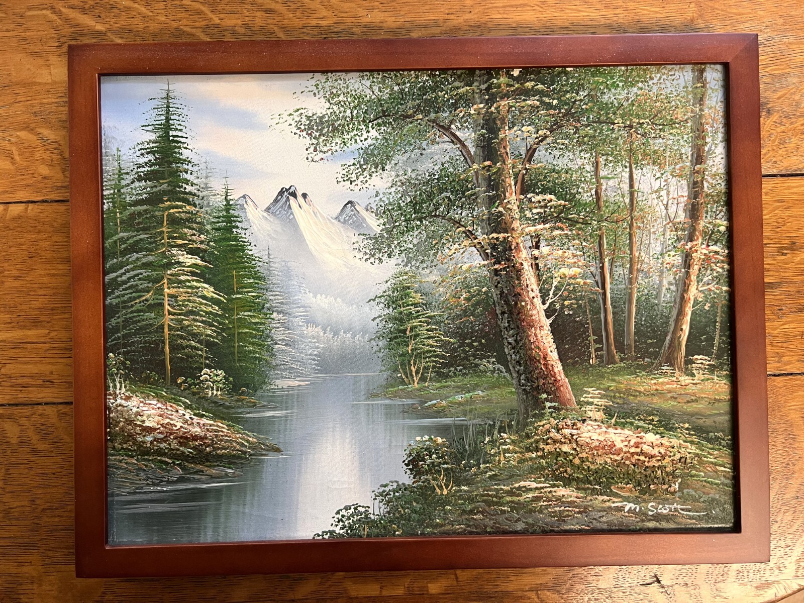 Vintage M. Scott Oil Painting Mountain Forest Lake Scene – 17″X13″ New Frame