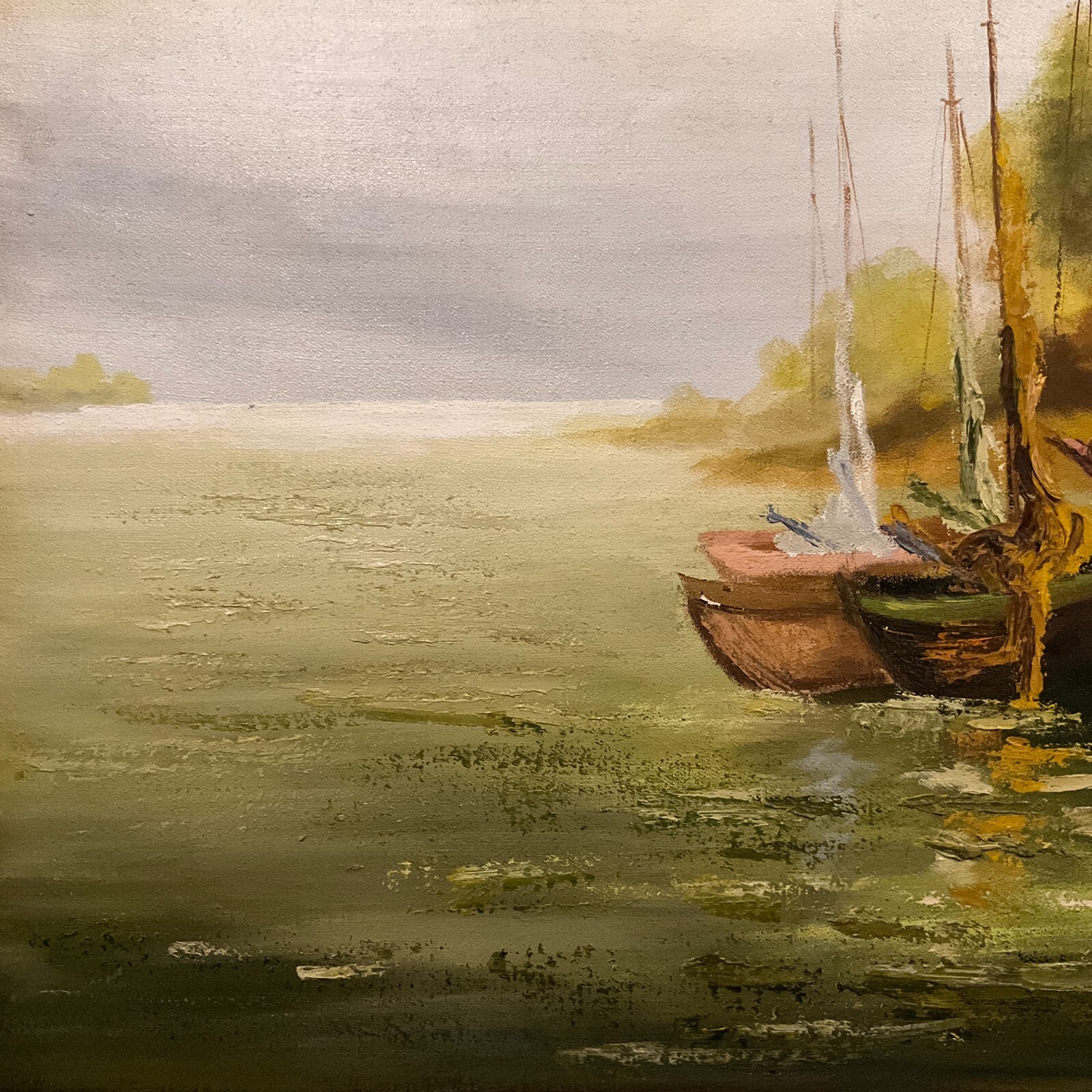 Vintage Framed Original Impressionist Landscape Oil on Canvas “Village Port”
