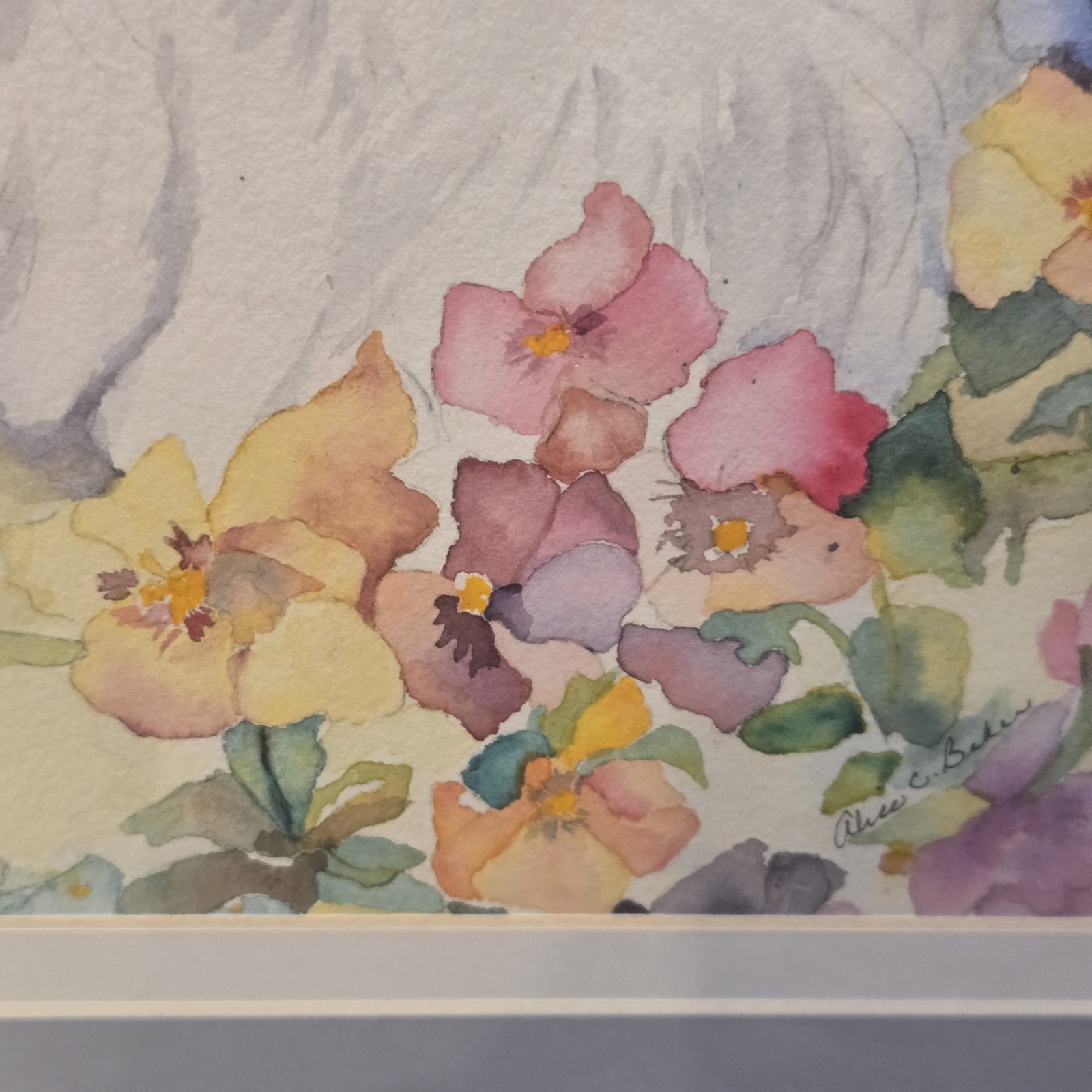 Vintage Persian Cat Floral Watercolor Painting ALICE BAKER Framed 22×18″