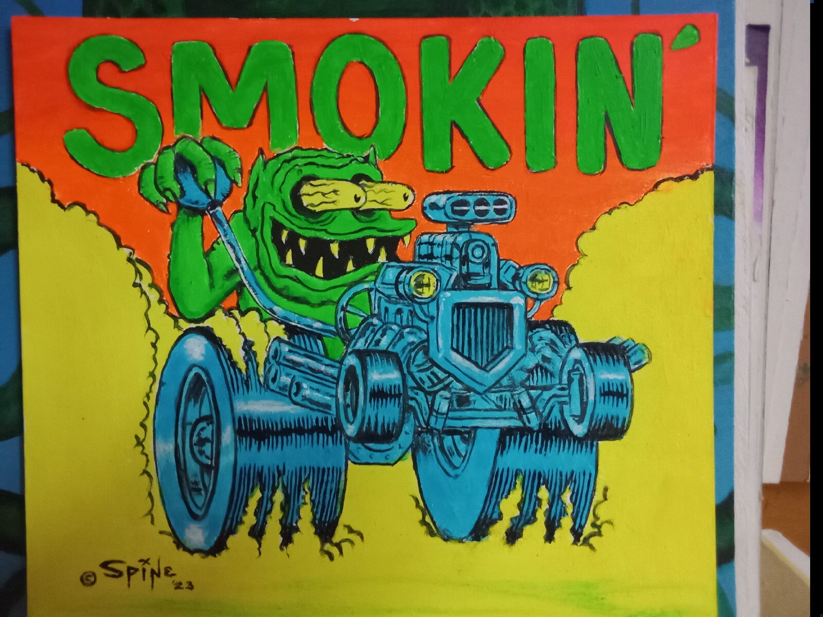 Original Art by Spine : Black Light Hot Rod SMOKIN’! Big Daddy Spine