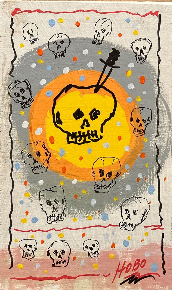 HOBO BOB – (#14) — 14 SKULLS painting – 6″x 9.5″ on Found Wood