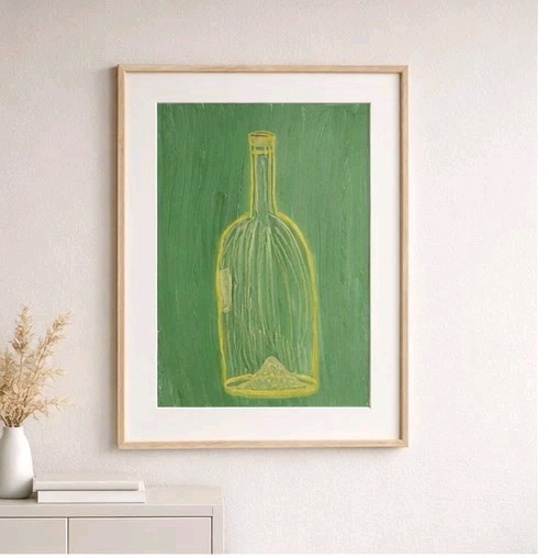 Modern Bottle Still Life Painting Green Yellow Acrylic Art Minimalist Wall