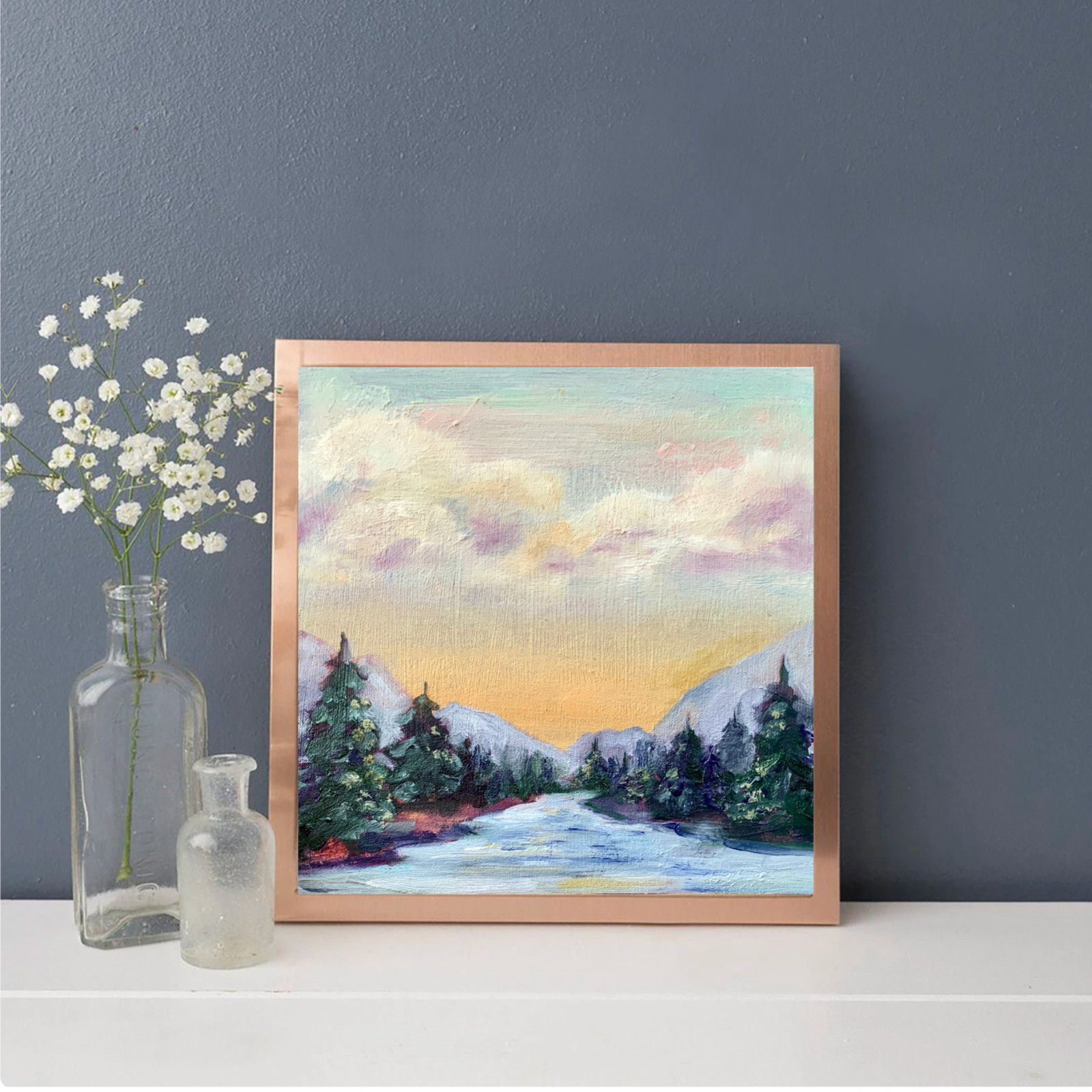 Original Art 10×10″ Rocky Mountains Painting Pine Forest Landscape Art