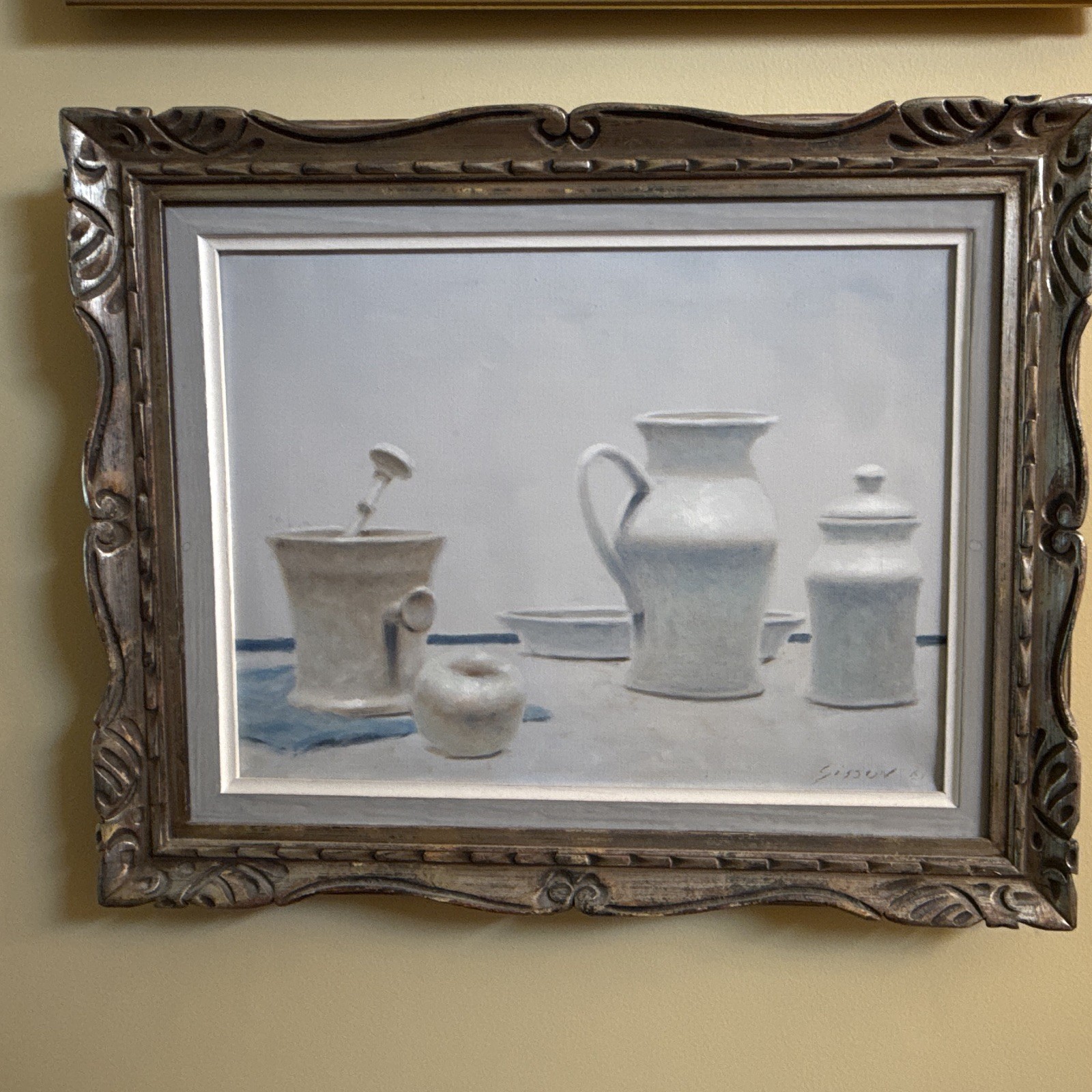 Andre Gisson Signed Realism Still Life Painting Pitcher Jars Cups