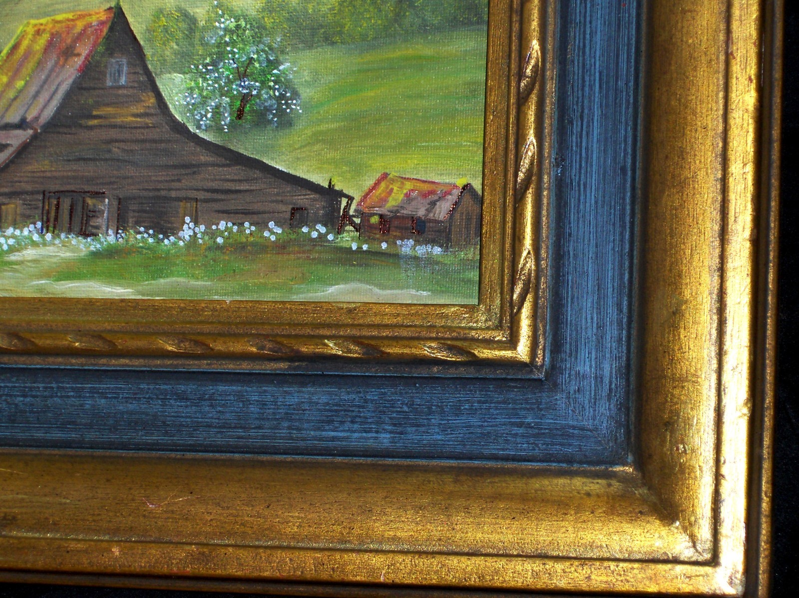 ORIGINAL Cabin Barn Mountain Landscape Blooming Trees Vintage Canvas Painting