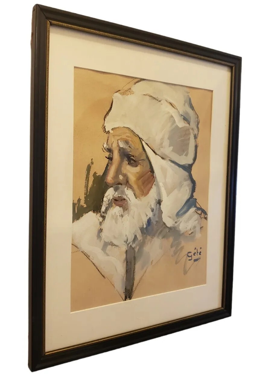 Vintage Pastel On Paper Portrait Painti Elderly Man W/ Head Scurf Signed G’et’e
