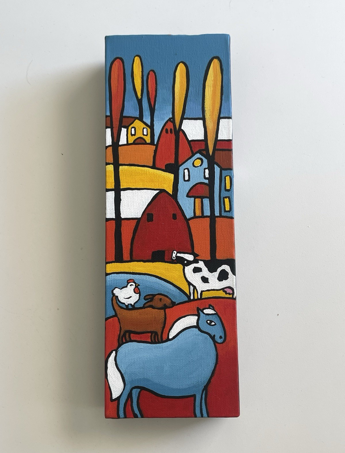 Laura Medough Signed Original Folk Art Canvas Painting Farm Animals & Buildings