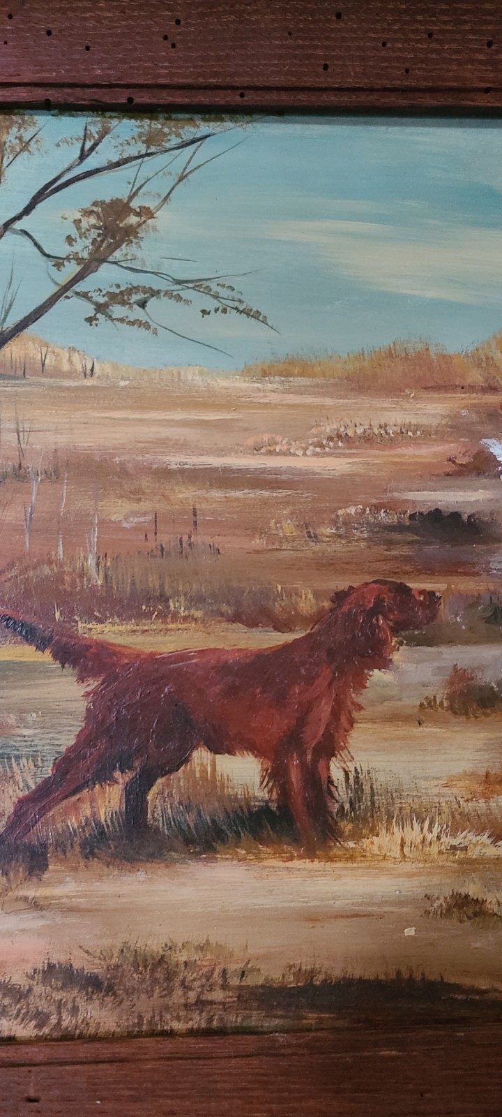 Vintage Oil Painting Hunting Dogs Setters Signed Wood Frame Midcentury OOAK