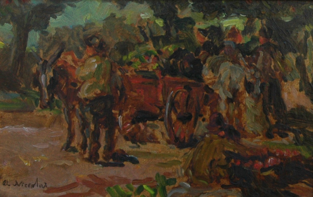 Oil on Masonite Small Work European Farming Harvest Scene – Illegibly Signed