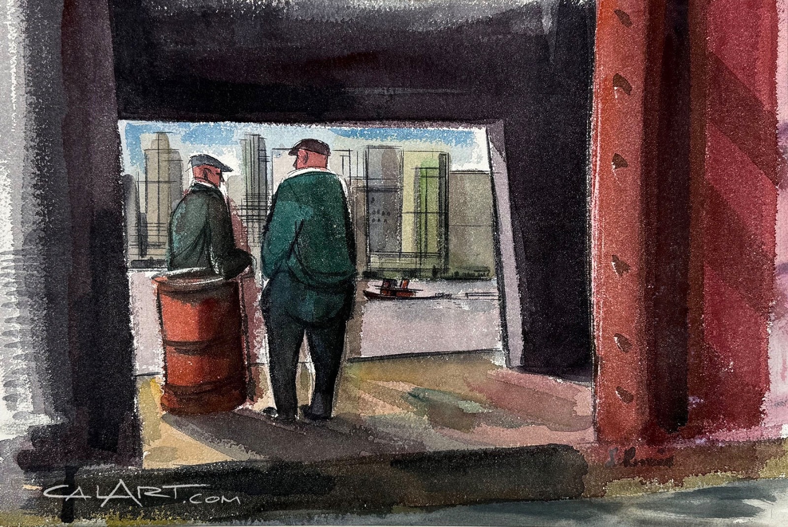 1950s Narrative American Regionalist Watercolor Industrial Harbor Wharf Scene
