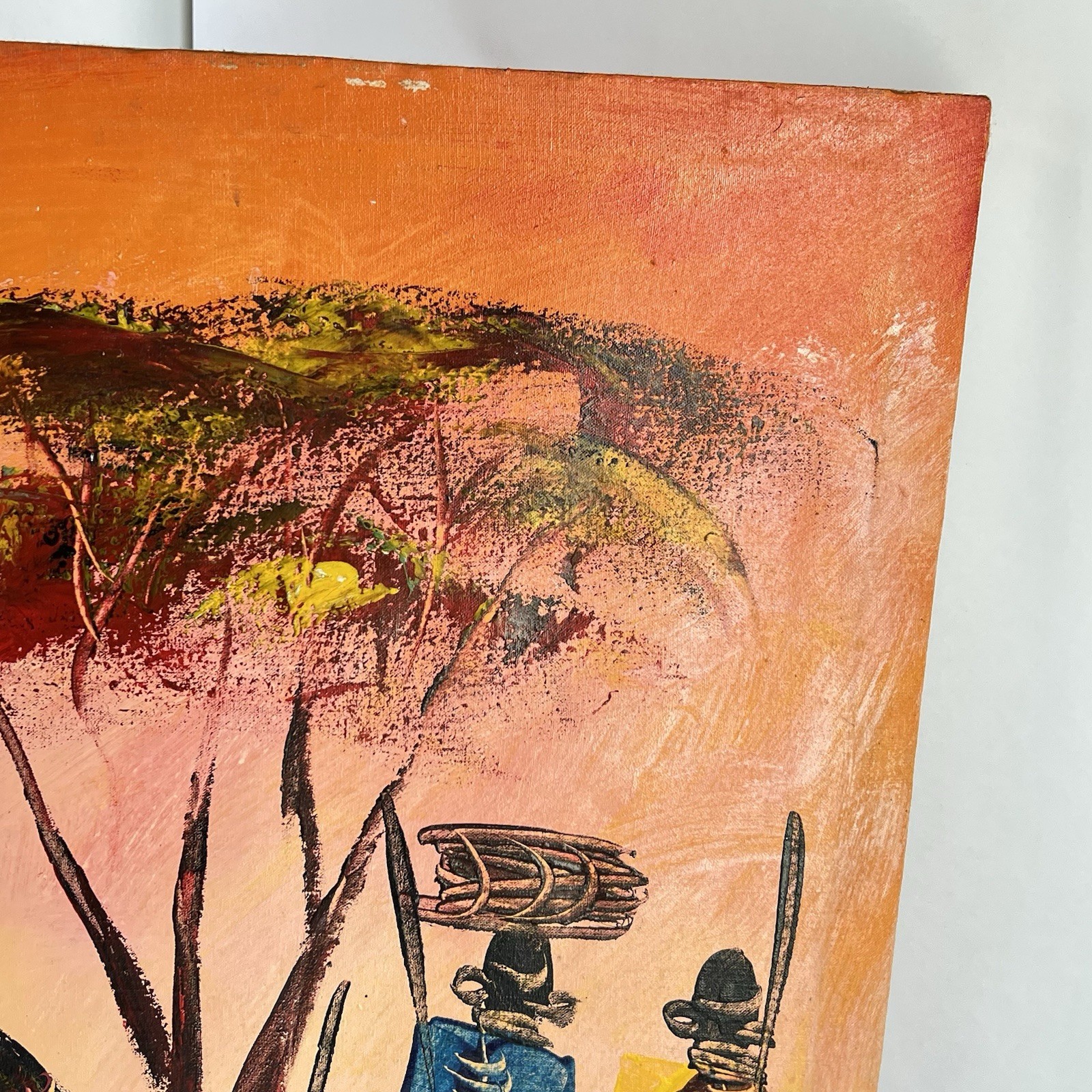 Kenyan Africa Culture Painting On Canvas Signed Twiga Villagers Hut 14.5×21.5 In