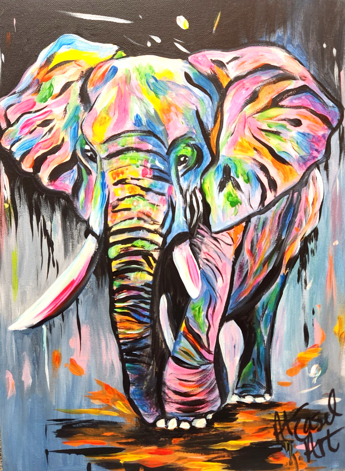 Whimsical Elephant Painting 12×16 Original Neon Wildlife Art Isaksen
