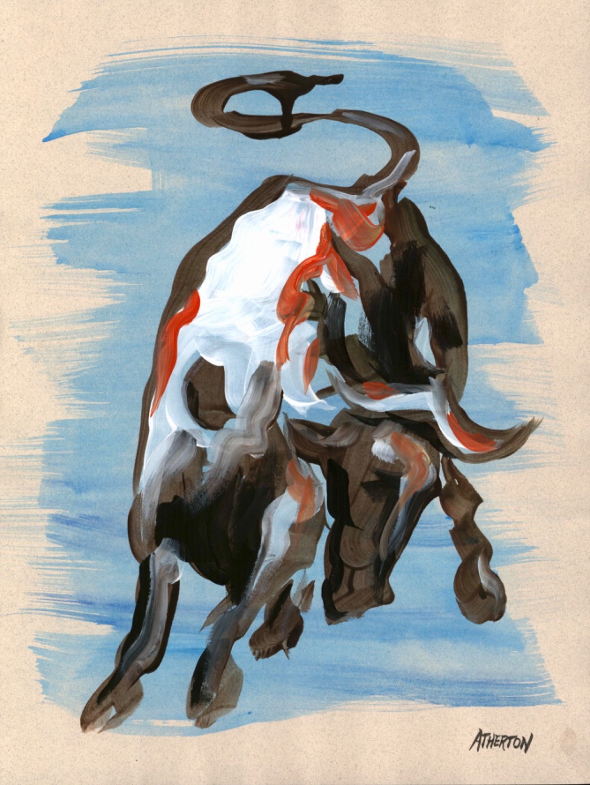 Atherton 9×12 Original Angry Bull Acrylic Painting “Bull on Blue” signed