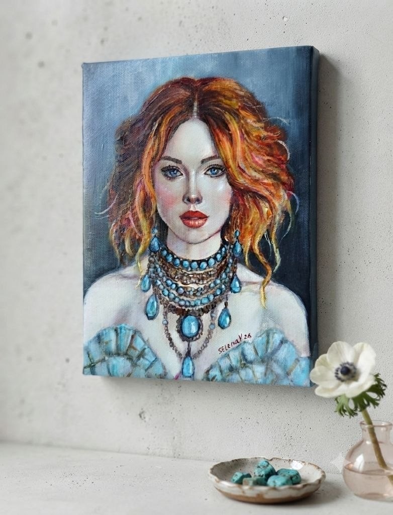 Original Oil Painting Redhead Woman Turquoise Jewelry Portrait 7×9″ 18x24cm Art