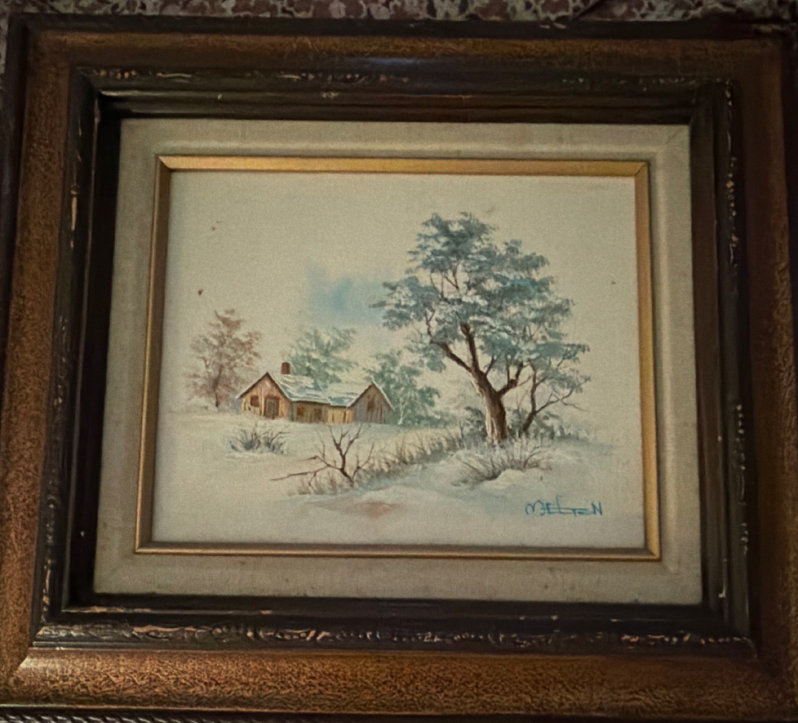 Melton Signed Original Framed Winter Landscape Tree House Painting on Canvas