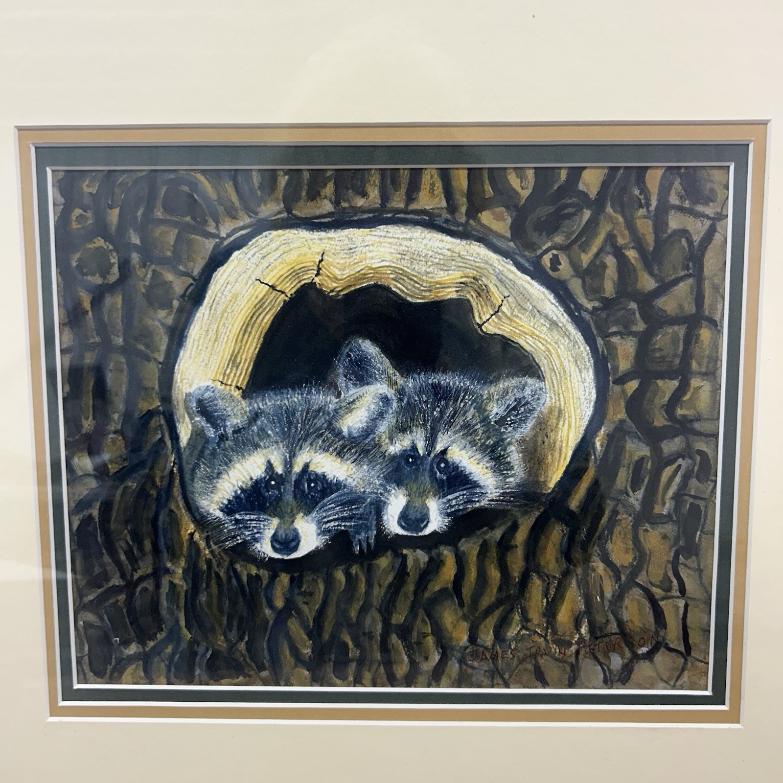 Framed Raccoons in Log Original painting Cherry Frame 23.5” x 19