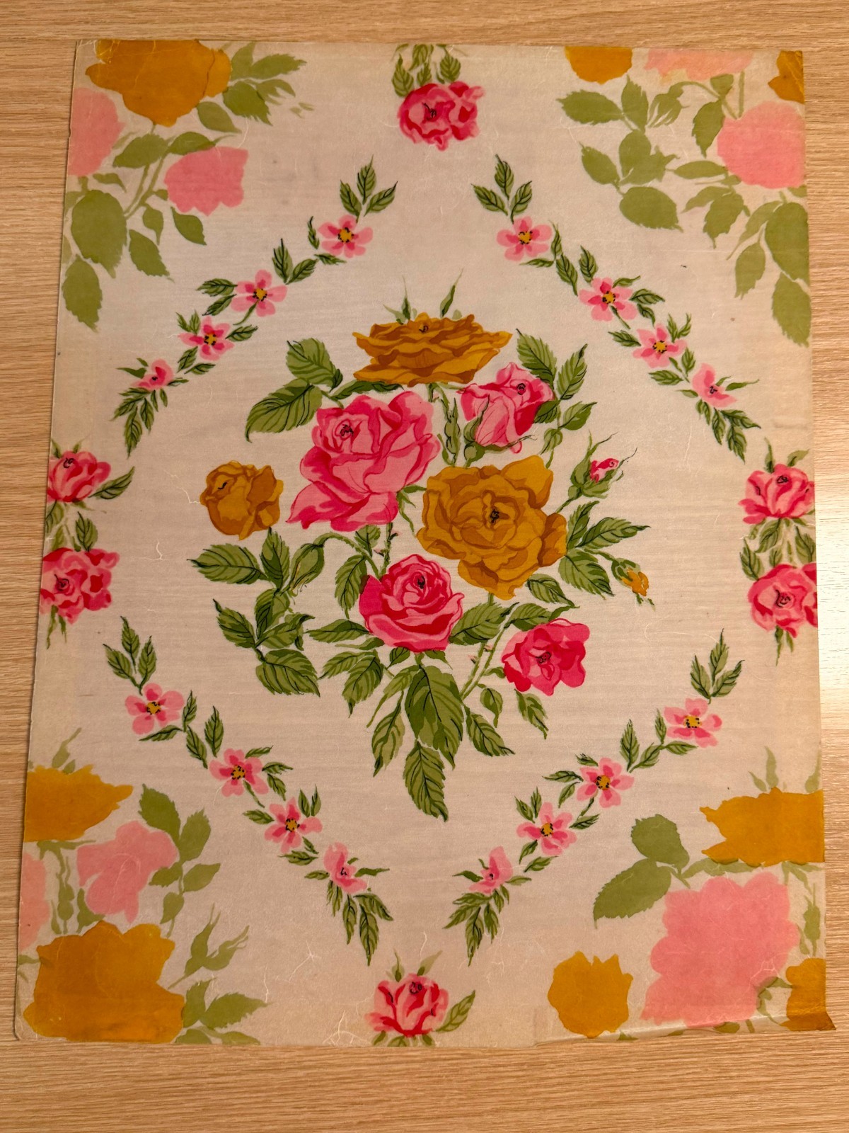 Vintage Original Gouache Rose Bouquet Wreath Textile Design, Cream Grounded