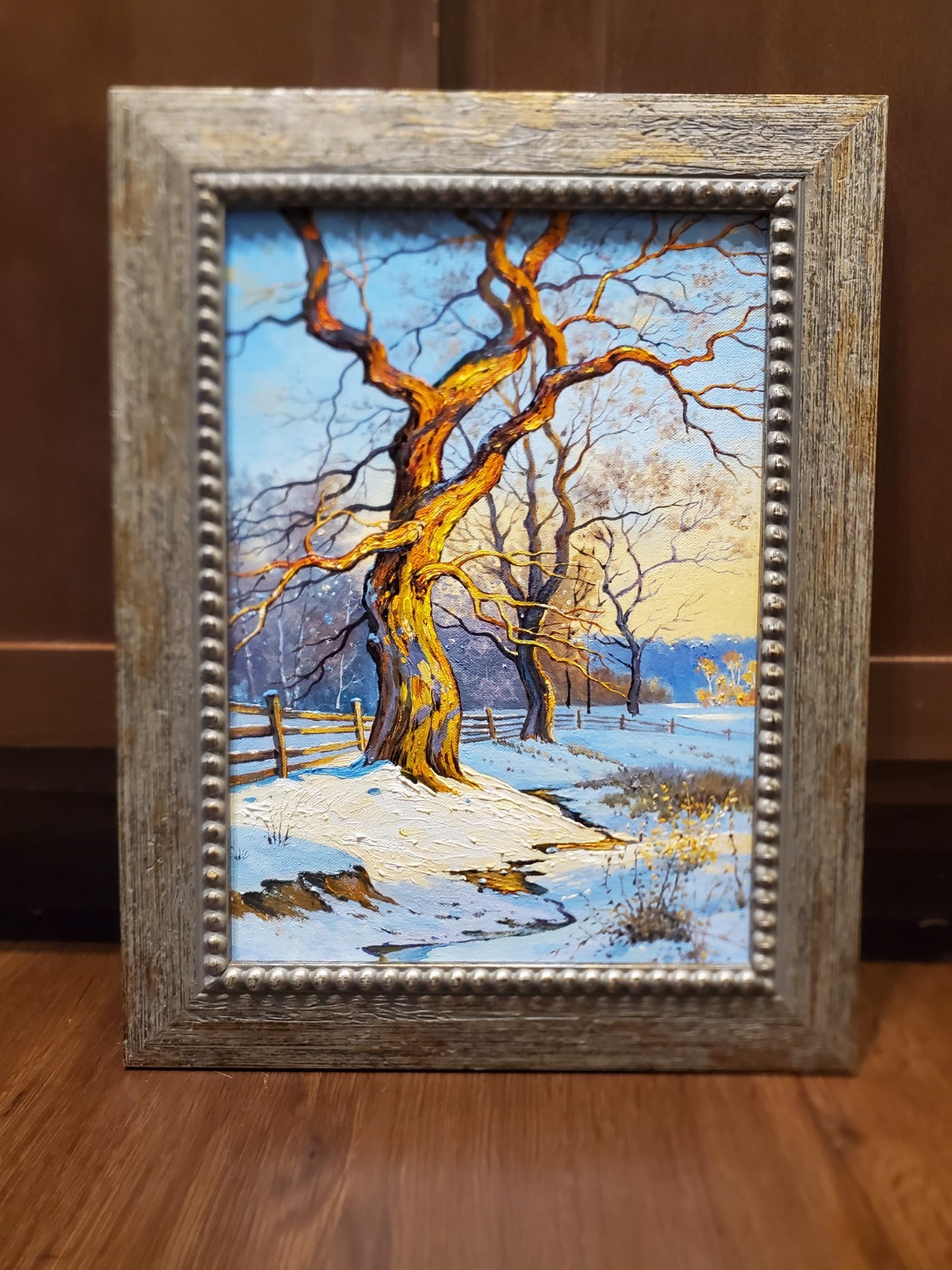 Original Oil Art Framed winter landscape painting with trees and bright blue sky