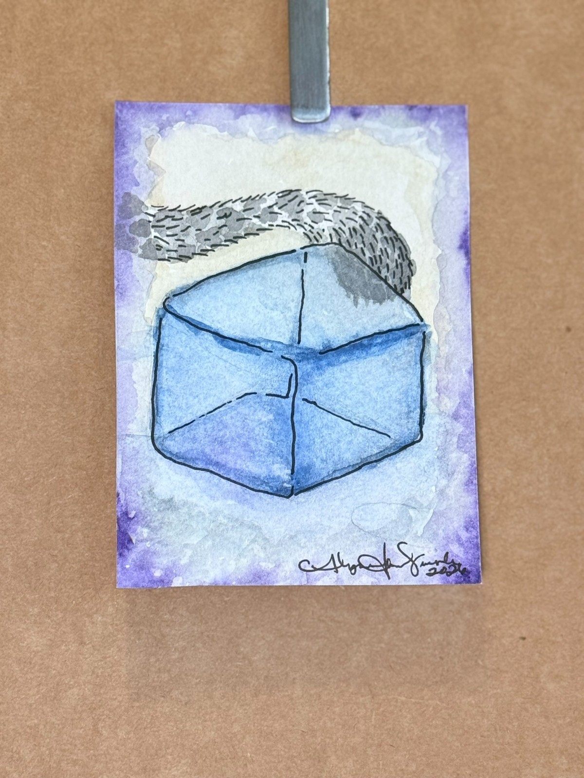 ACEO Original Painting, 2.5 x 3.5 Watercolor, COA, OOAK, Big Cat Frost