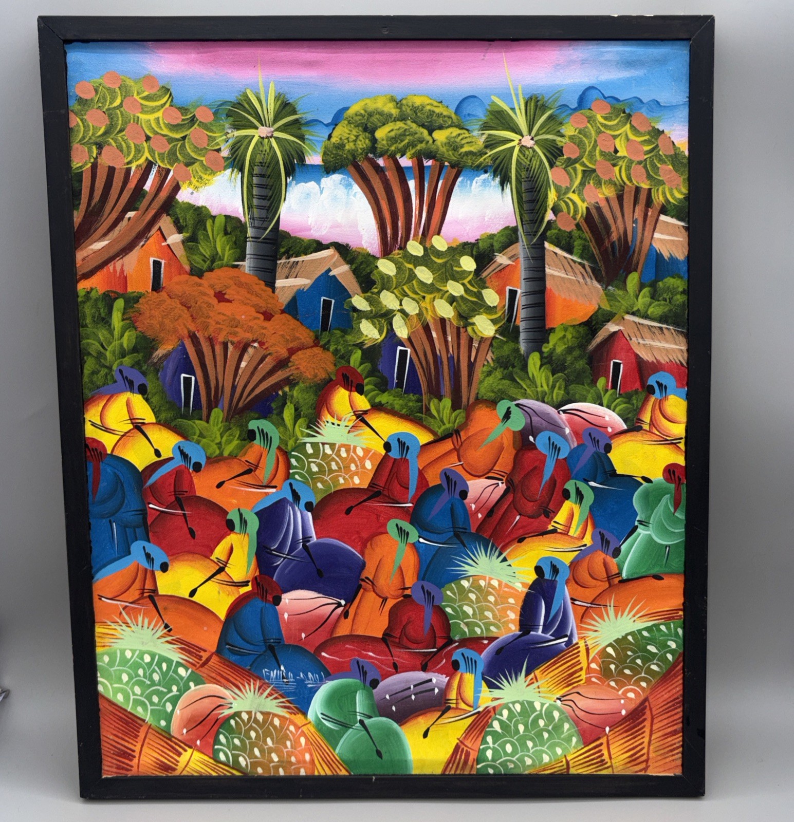 Vintage Haitian Folk Art Market Painting Signed Emilio-Saul Caribbean Village