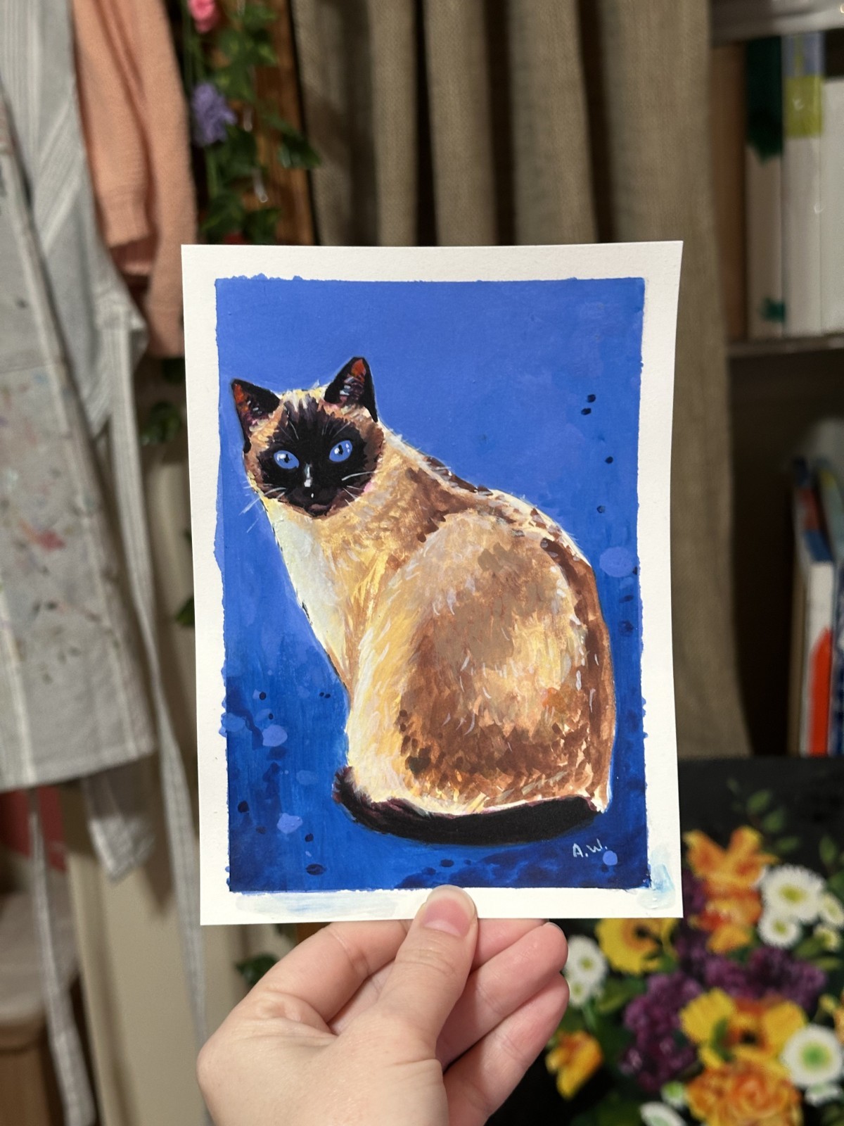 Original Siamese Cat Painting: Watercolor and Gouache On Paper, 5×7 inches