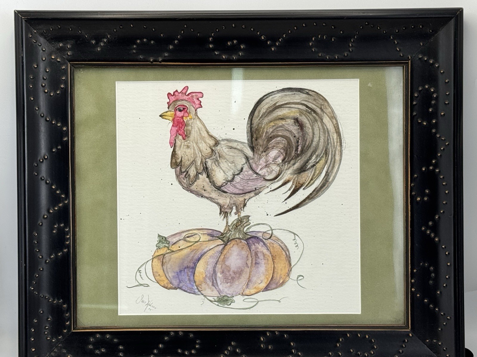Original Watercolor Rooster Pumpkin Folk Art Signed 2005 Rustic Farmhouse Decor