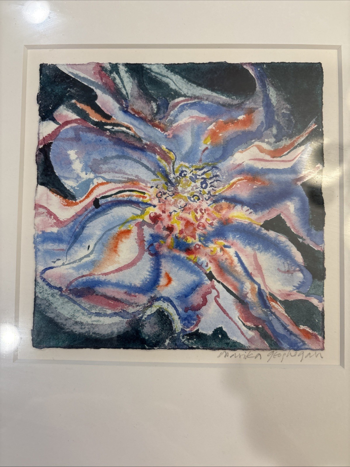 Vintage Marika Geoghegan Floral Modern Abstract Painting 5” X 5” Matted 13 1/2”