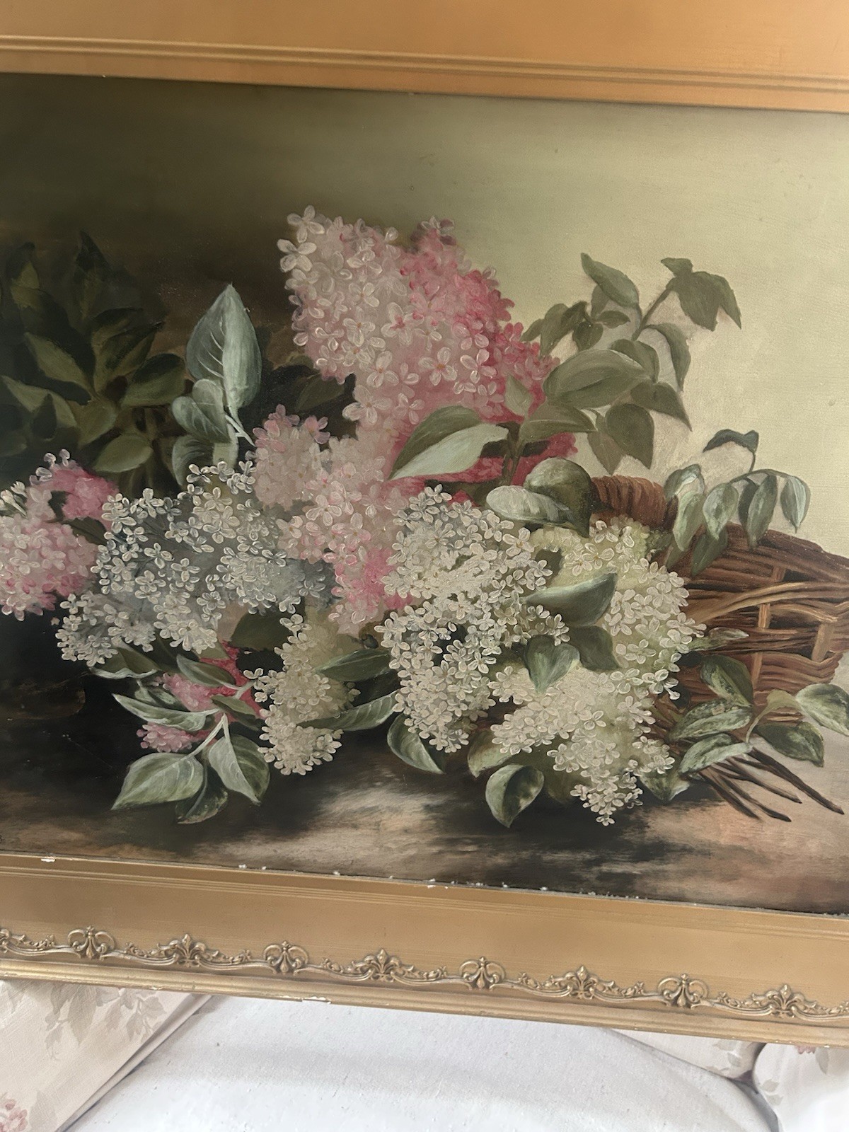 Large Antique Oil Painting of Pink and White Lilacs 1890s Framed