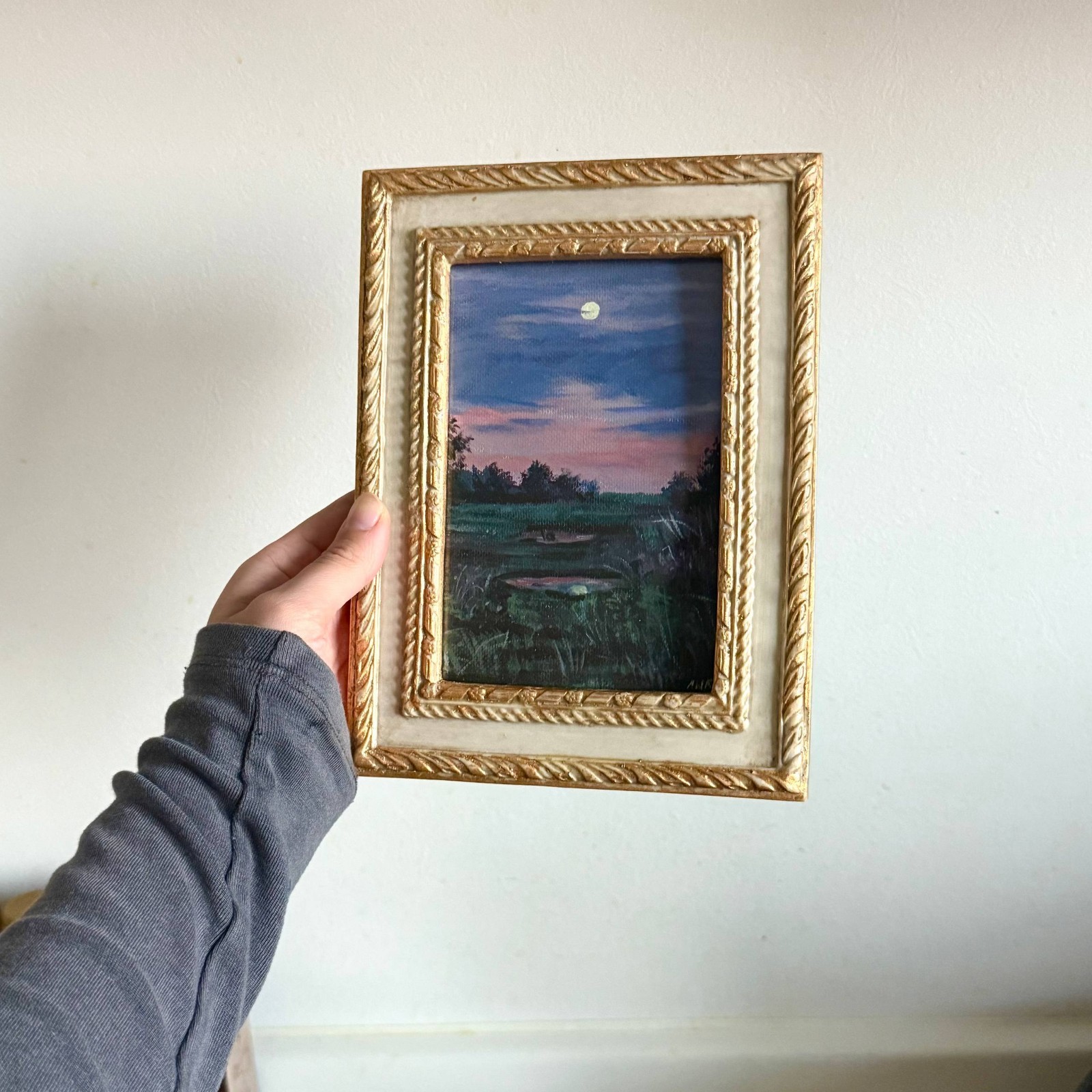 Miniature Moon Landscape Painting Original Night Vintage Ornate Frame Art Purple