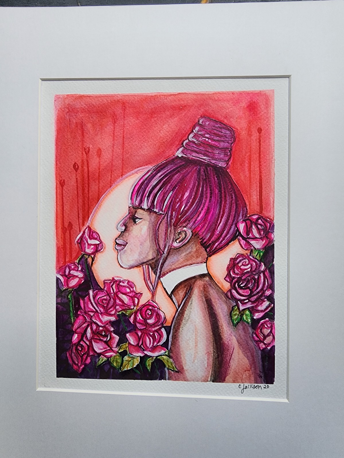 Original painting acrylic 11 x 14 of black woman among roses art by CRC