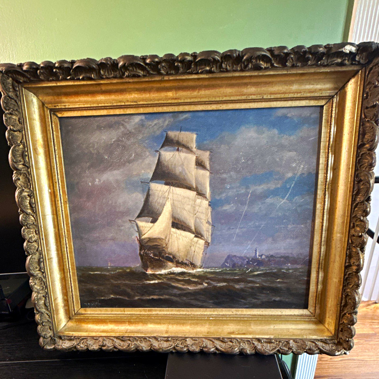 T. Bailey Signed Framed Realism Nautical Seascape Painting w/ Sailing Ship