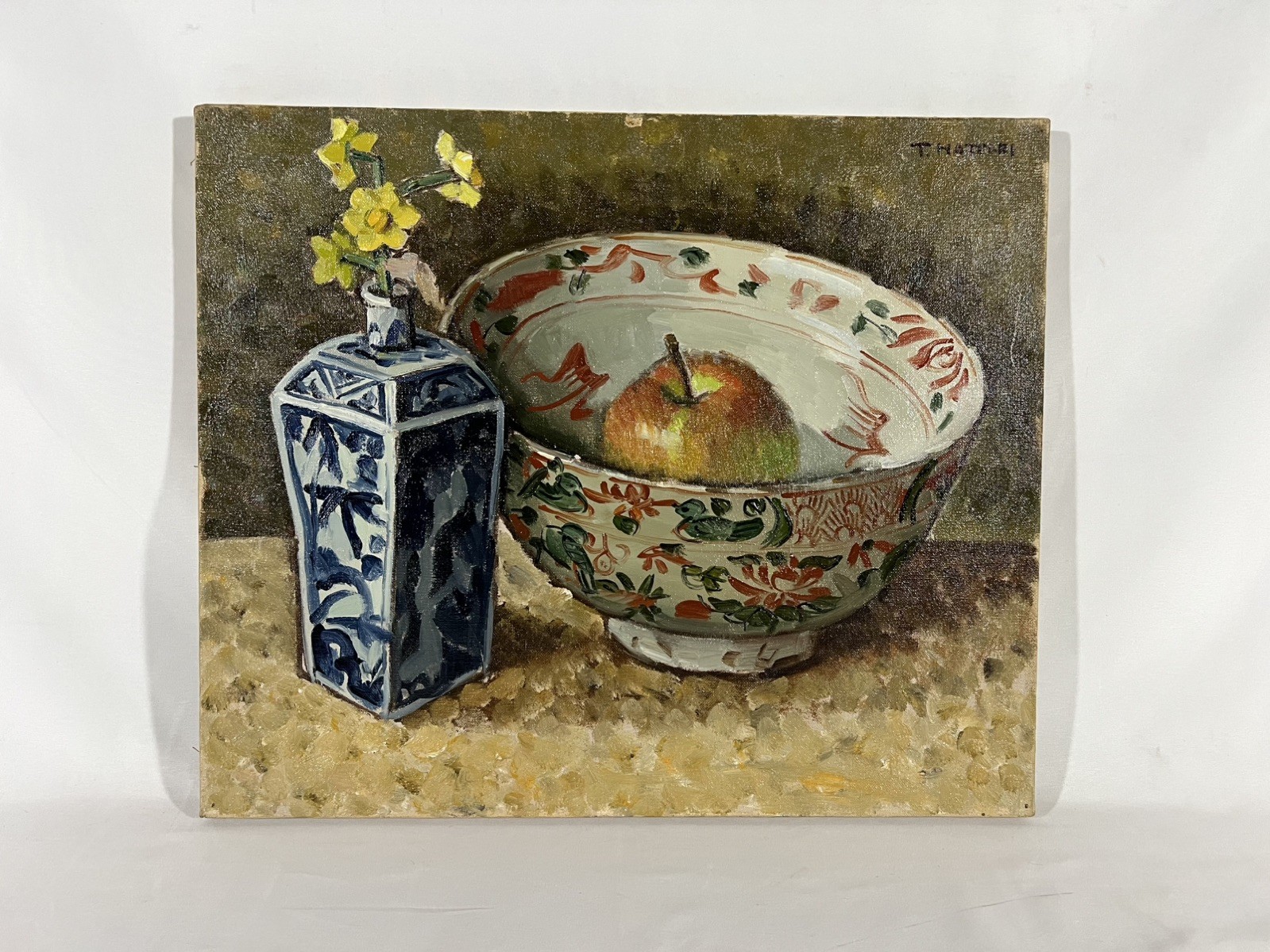 1950s Japanese Antique Floral And Fruit Still Life Oil Painting Hattori Tamotsu