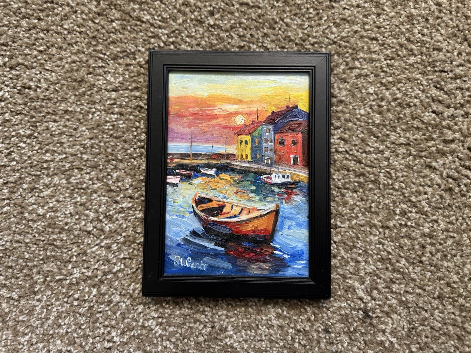 ORIGINAL OIL PAINTING SUNSET SEASCAPE LANDSCAPE SIGNED FRAMED 5×7