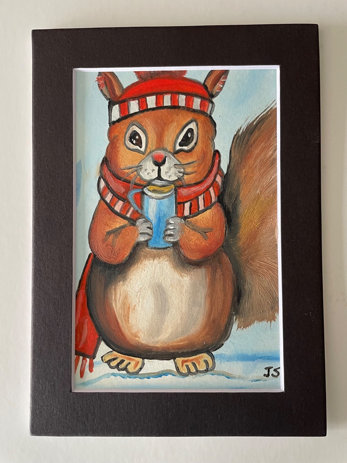 Original oil painting 5 x 7 in including black matte-Free Shipping- squirrel