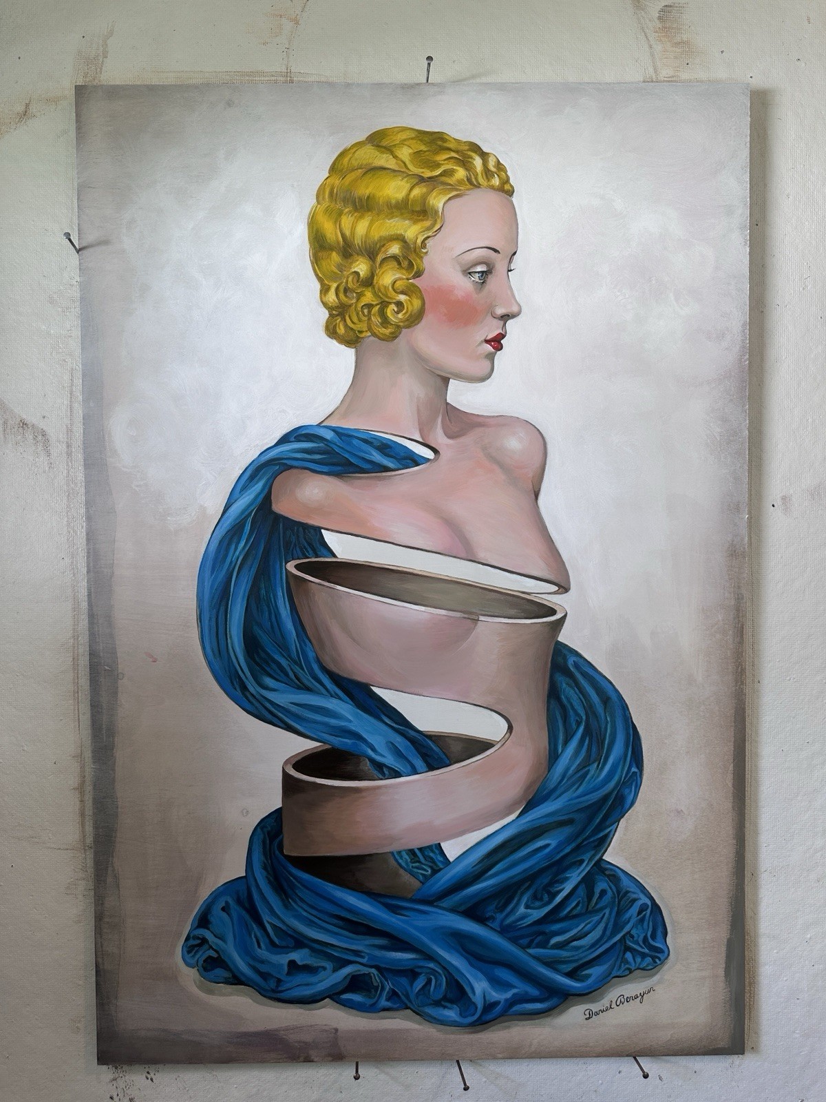 Deco Lady Surrealist Metaphysical ORIGINAL oil painting. Signed COA large